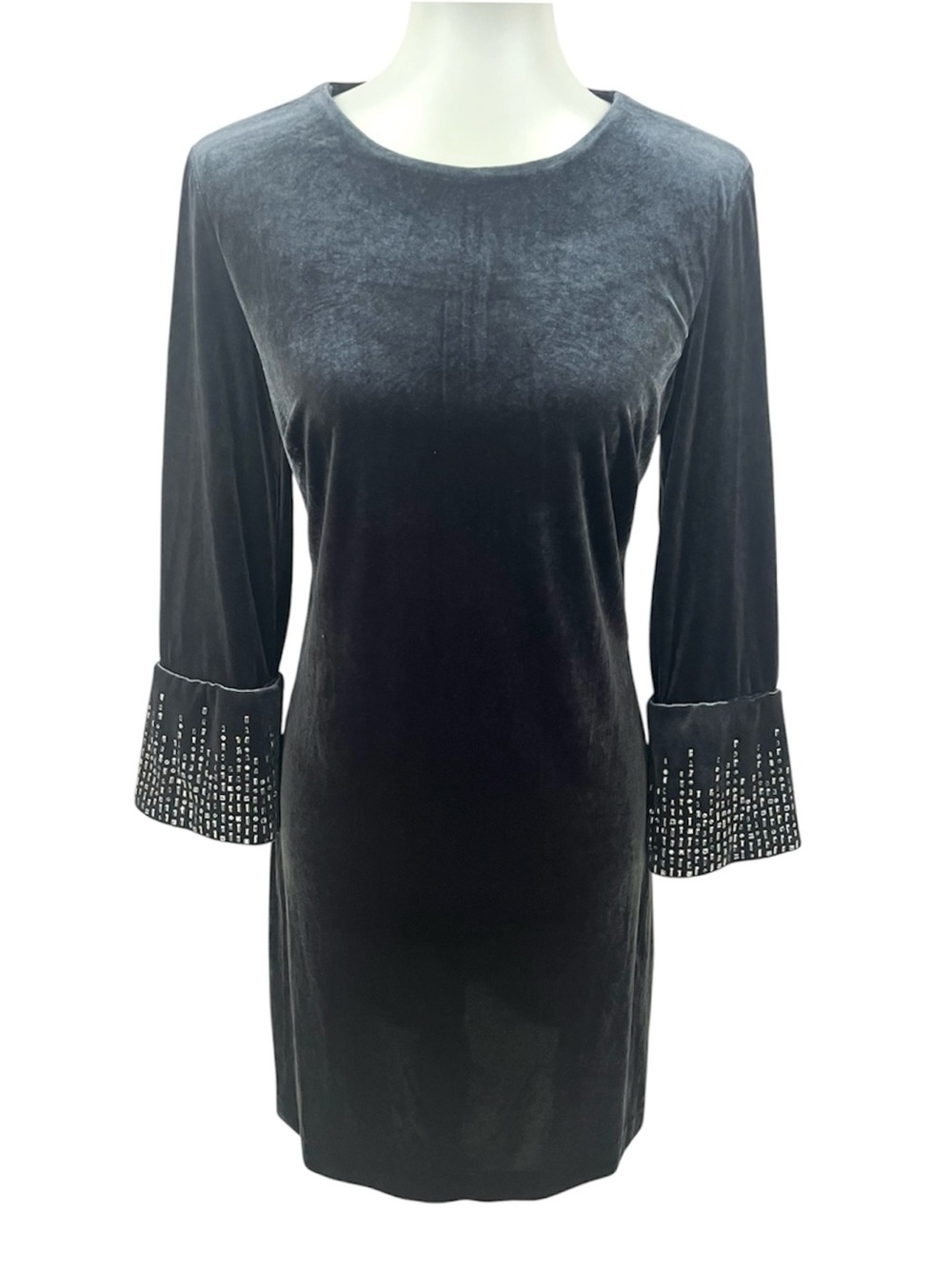 Calvin Klein Gunmetal Grey Velvet Silver Studded Bell Long Sleeve Sheath Dress